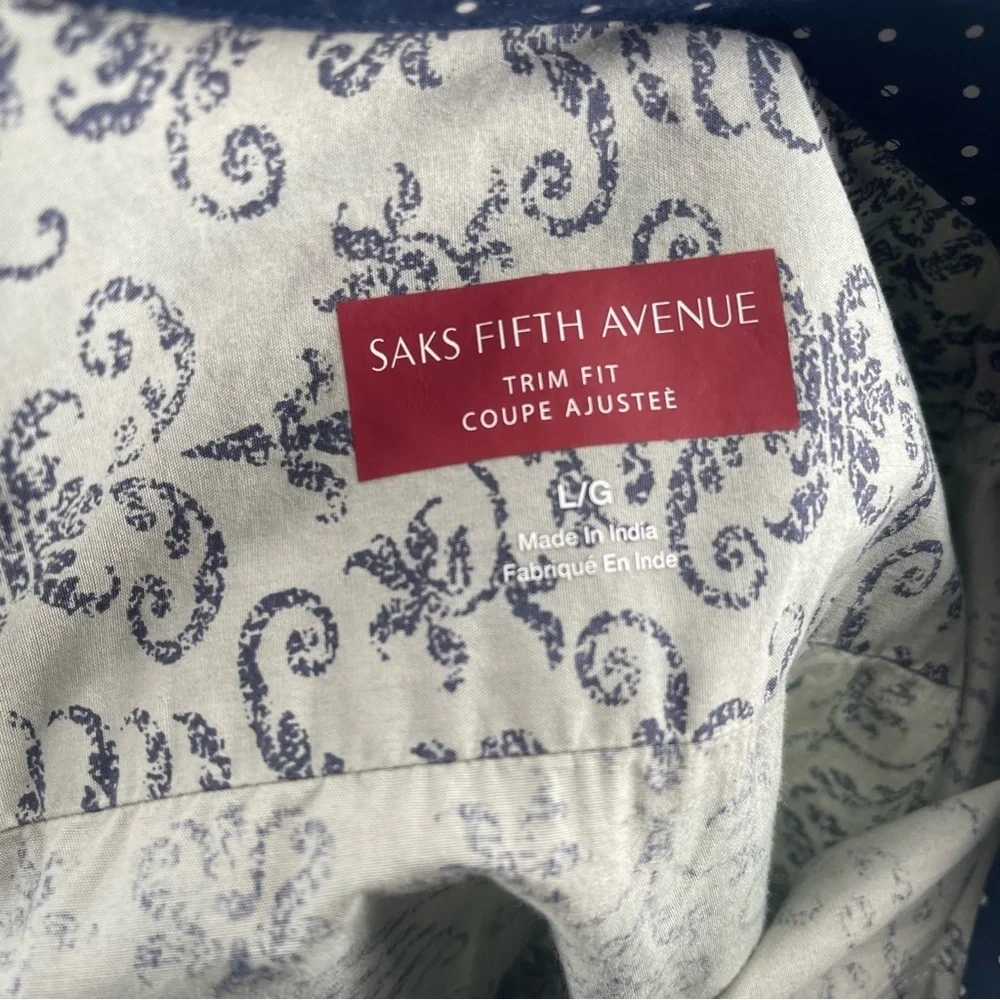 Saks Fifth Avenue Blue and Gray Cotton Button Down Shirt Large